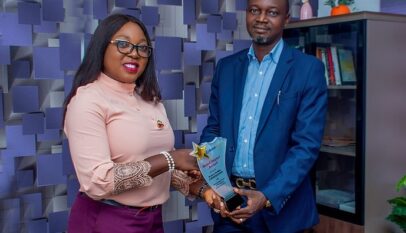 Right: Publisher and editor of Brand Impact, Adetunji Faleye, presenting Event and Public Relations Agency of the Year award to managing director and chief executive officer, McEnies Global Communications, Omolaraeni Olaosebikan, at the agencys office in Ibadan, yesterday.